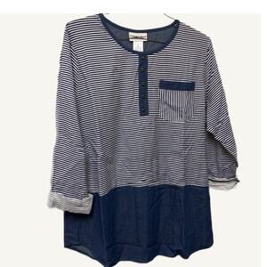 Country Store XL Denim Striped Henley Tunic Top - Blue & White Casual